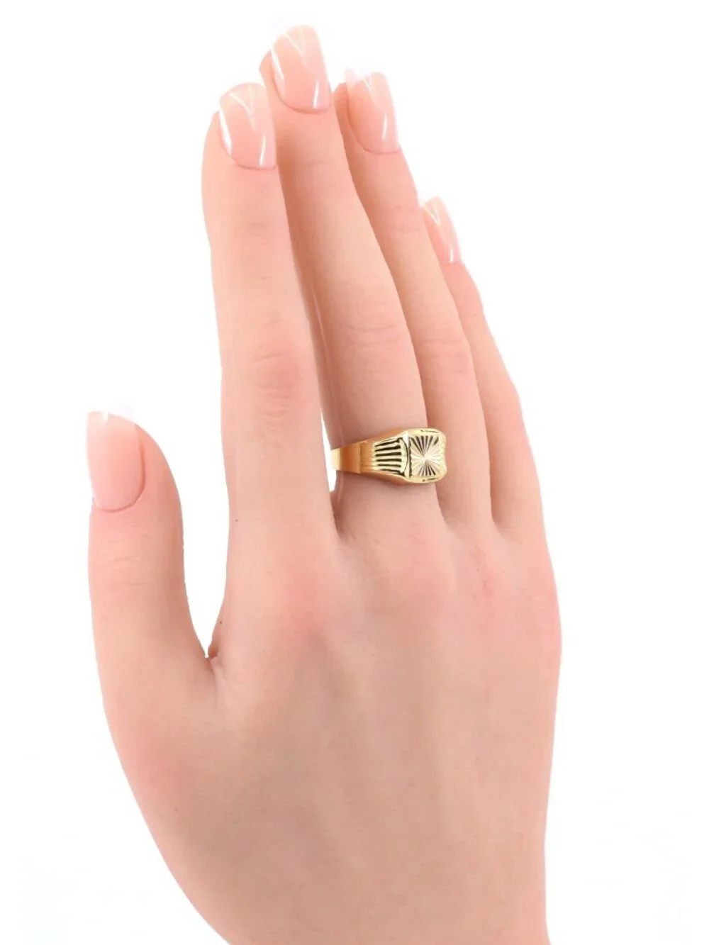 Vintage 18K Solid Yellow Gold Italian Diamond Cut Starburst Signet Ring Size 8.5